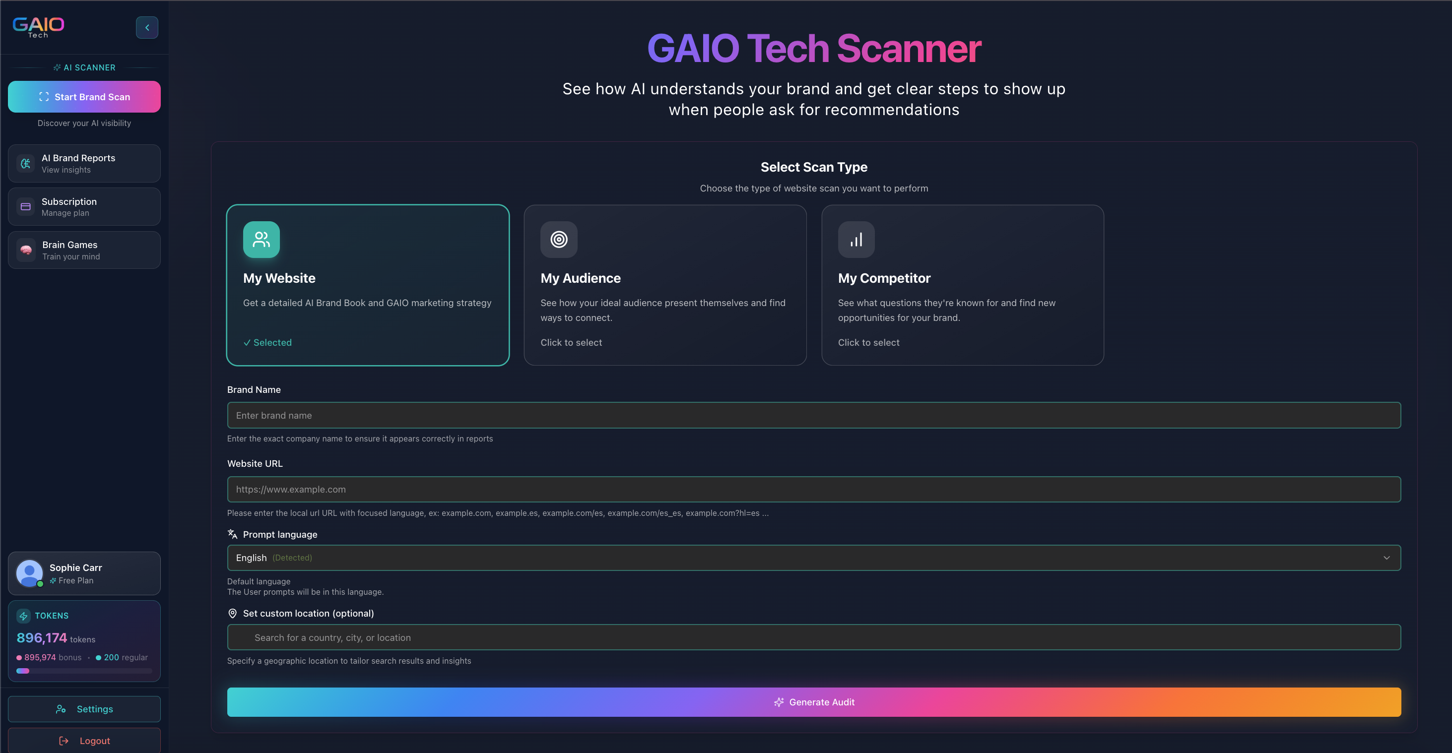 GAIO Tech Scanner interface showing three scan type options: My Website for detailed AI brand audit and GAIO marketing strategy, My Audience to see how your ideal audience presents themselves, and My Competitor to see what questions they're known for. The interface includes fields for brand name, website URL, preferred language, and optional custom location settings.