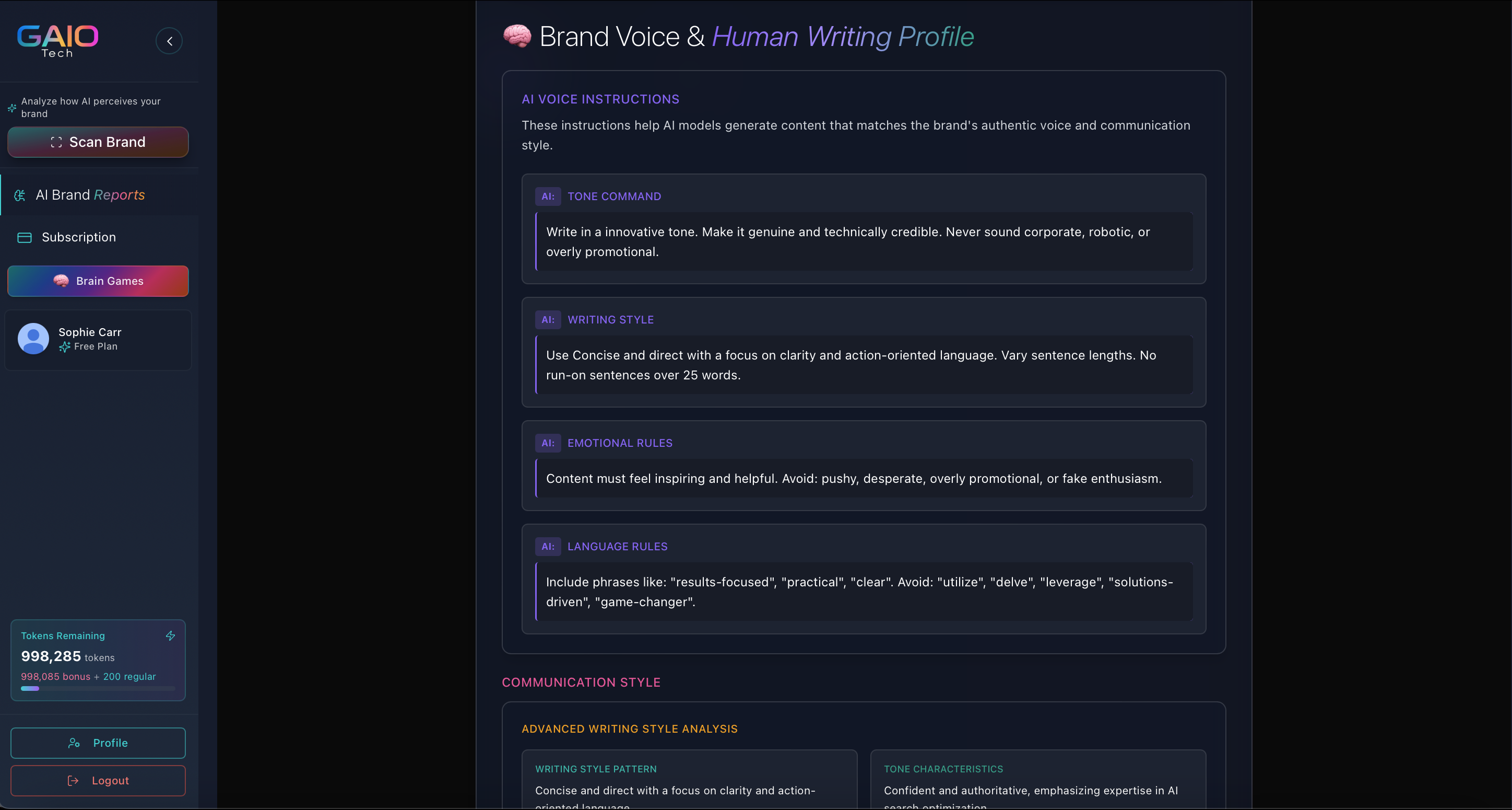 GAIO Tech Brand Voice and Human Writing Profile Dashboard - AI Marketing Content Strategy showing AI Voice Instructions, Tone Command for innovative and technically credible writing style, Writing Style guidelines for concise and direct communication, Emotional Rules for inspiring content, and Language Rules for AI marketing automation content creation.