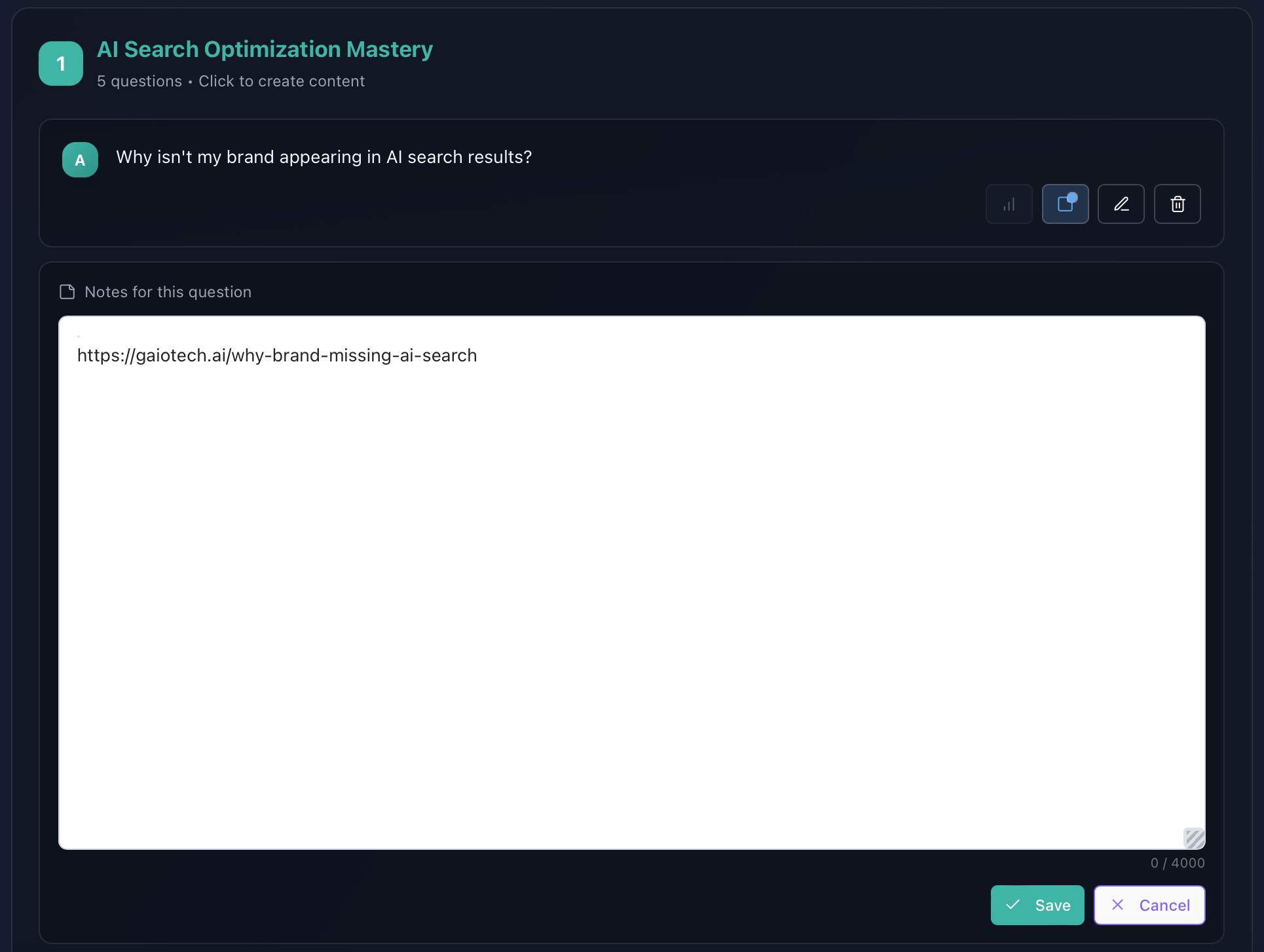 GAIO Tech Organiser showing content tracking for AI search optimization - complete workflow management tool for organizing and tracking content that answers 'Why isn't my brand appearing in AI search results' with URL logging system for measurable AI visibility results