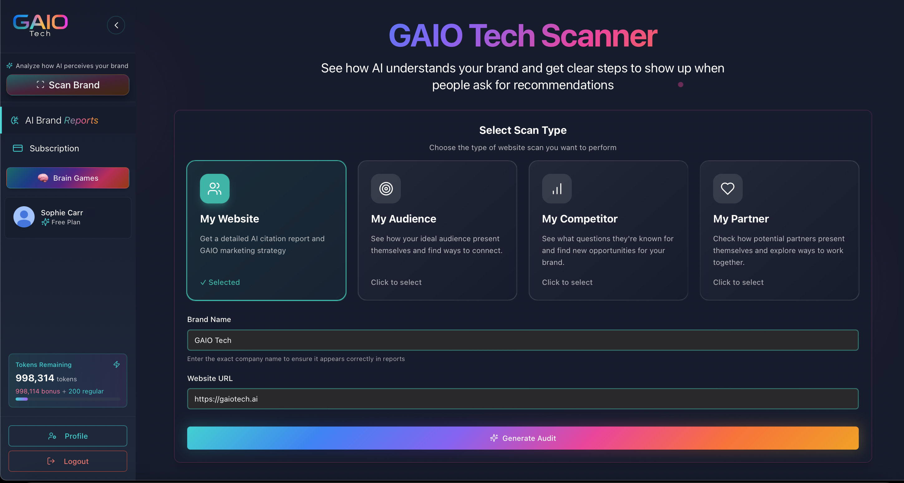 GAIO Tech Brand Scanner interface showing AI brand scan options - analyze how AI perceives your brand with detailed citation reports and marketing strategy recommendations for improved AI search visibility