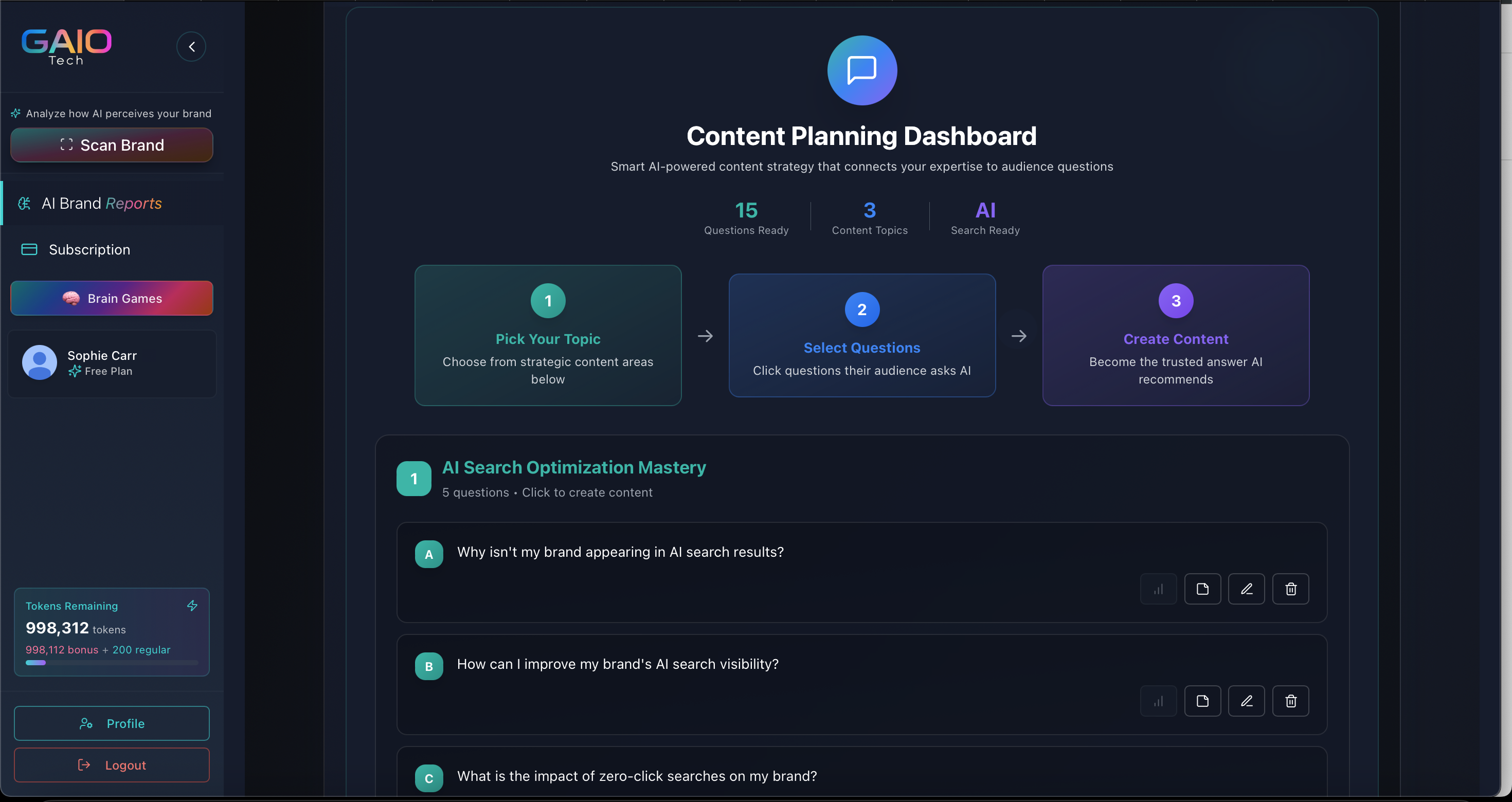GAIO Tech Strategy Dashboard - AI search optimization mastery with content planning tools showing how to rank in AI search results by answering buyer questions like 'Why isn't my brand appearing in AI search results' - the complete solution for AI visibility