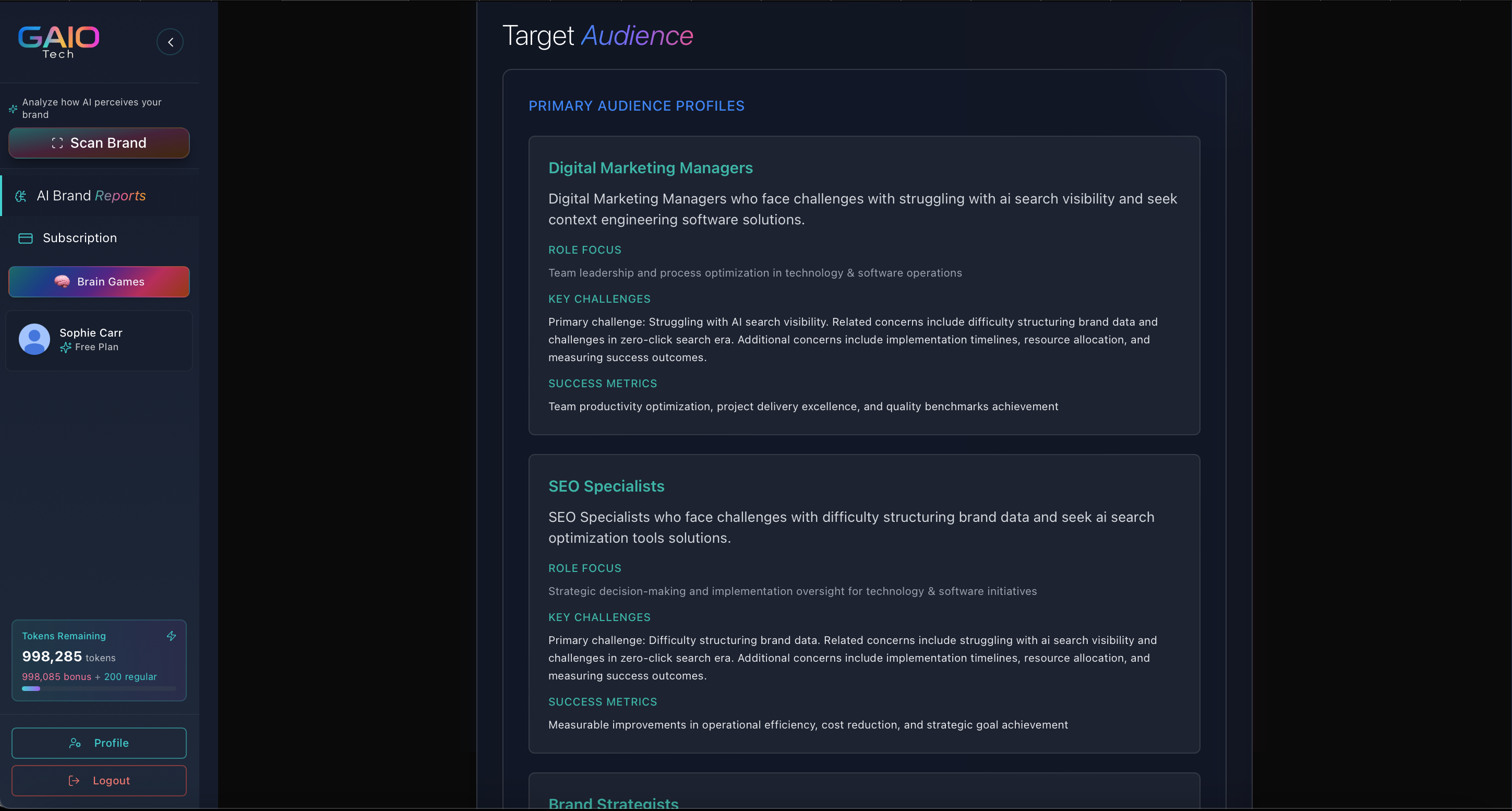 GAIO Tech AI Marketing Platform Target Audience Analysis Dashboard - Digital Marketing Automation Primary Audience Profiles for Fortune 500 CMOs and Marketing Directors showing Digital Marketing Managers and SEO Specialists with role focus, key challenges in AI search visibility and zero-click search era, and success metrics for team productivity optimization.